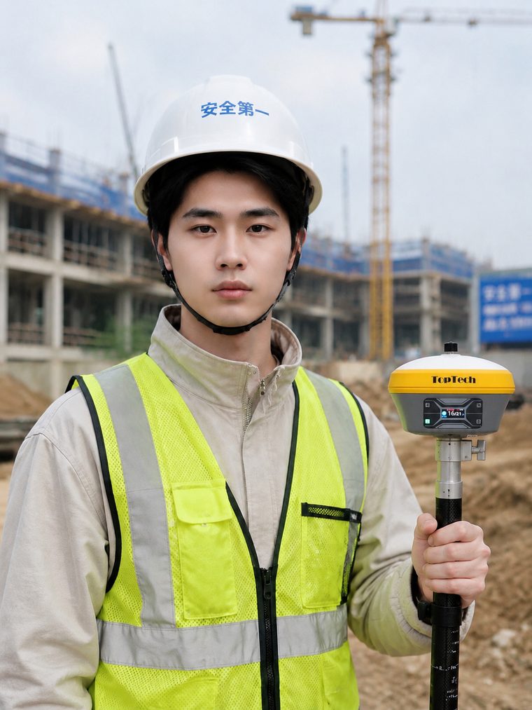 Surveyor using a Toptech GNSS receiver on a construction site